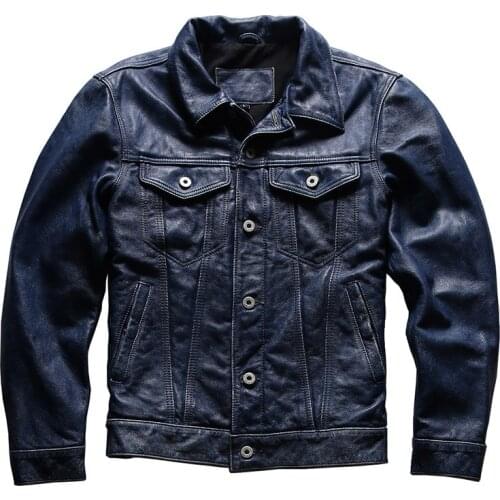 2021 New Casual 507 Denim Leather Jacket Mens Hand-Rub Color Denim Blue First Layer Cowhide Leather Jacket Jacket Men