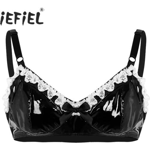 Panty Sissy Gay Mens Underwear Sexi Tanks Black Spaghetti Straps Lingerie Nightwear Lace with Bowknot Wetlook Club Bra Top