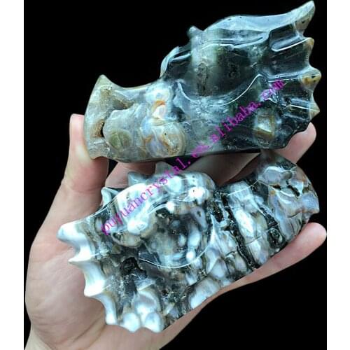 Natural Ocean Jasper Carved Crystal Moss Agate Dragon Skull Statue Healing Crystal Feng Shui Aesthetic Room Decor Reiki Gift