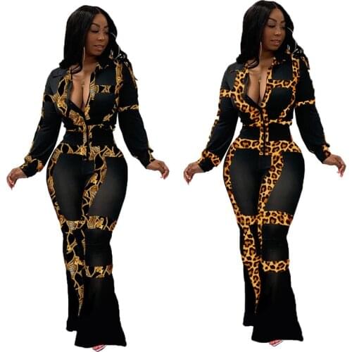 NEW Color Leopard Print Button Up Causal Rompers Womens Jumpsuit Turn Down Collar Long Sleeve Bodysuit Sexy Club Long Playsuit