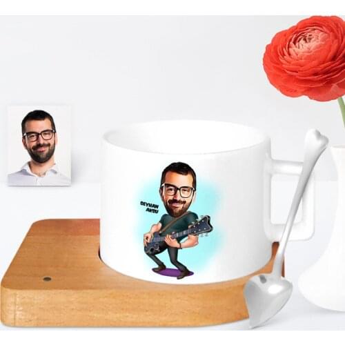 Personalized Guitarist Cartoon Wooden Altlıklı Ceramic Cup-1