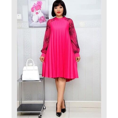 Spring Autumn African Dress Women Kaftan Africa Clothing Print Long Sleeve Pleated Chiffon Loose Robe Office Lady Africa Dresses