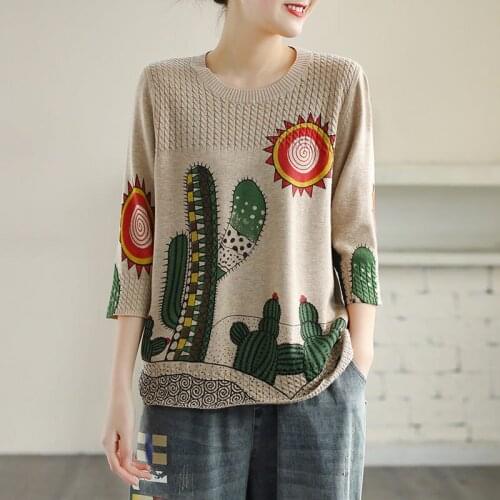 Threaded Round Neck Pullover 3/4 Sleeve Cotton Knit Shirt Female Autumn Loose Plus Size Cactus Print Top Sweater Knitwear k894