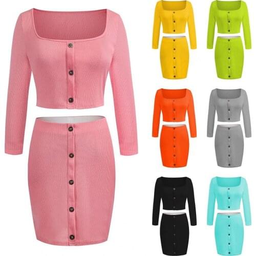 Women Buttons Two Piece Set Outfit Long Sleeve Off Shoulder Blouse Mini Skirt