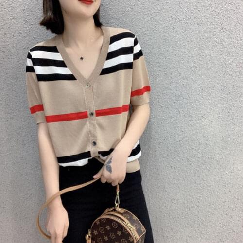 2021 summer new knitted cardigan t-shirt thin short sleeve womens sunscreen jacket v-neck striped shawl jacket
