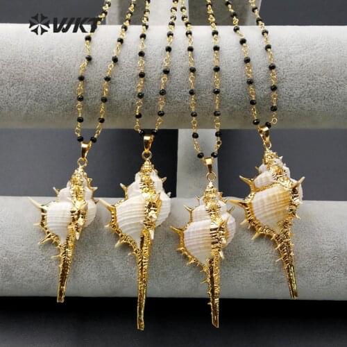 WT-N958 Wholesale Custom Natural Cowrie Long Pendant Necklace With Black Beads Rosary Chain For Fashion Jewelry Making