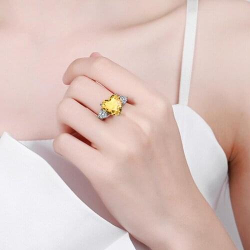 KOFSAC Shiny Zircon Yellow Love Heart Ring For Women Engagement Jewelry Silver Color Finger Rings New Lady Valentines Day Gift