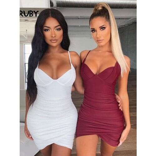 Spaghetti Strap V Beck Bodycon Dresses Women Ruched Skinny Backless White Mini Club Party Dress Sheath Vestidos Female