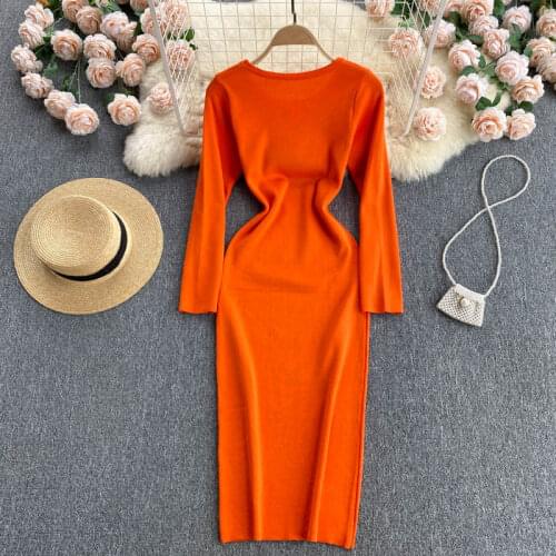 Long-sleeved Pullovers Slim Fit Wrap Hip Ladies Brief Bottom Dress 2021 Autumn Candy Color Plain Women Knitted Dress
