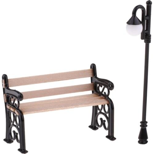 1:12 Dollhouse Miniature Park Bench with Street Lamp Sand Table Scene Accs