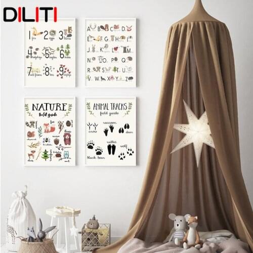 ABC Alphabet Wall Painting Animal Tracks Numbers Canvas Art Woodland Animals Print Poster for Baby Kids Room Decoration