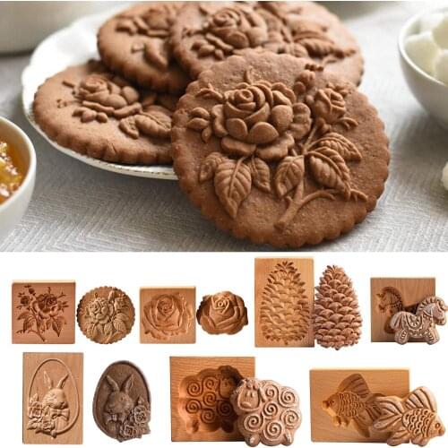 Wooden Cookie Mold Flower Pine Cone Shape Carved Handmade Press Stamps Molds for DIY Muffin Biscuit Cake Fondant Decorating