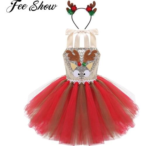 Kids Girls Christmas Dress Shiny Sequins Cartoon Elk Applique Mesh Tutu Dress with Hair Hoop Halloween Cosplay Party Costume Set