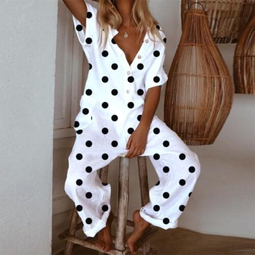 2021 Summer Dot Print Jumpsuits Casual Women Short Sleeve V neck Loose Romper Elegant Female Button Design Jumpsuit Streetwear