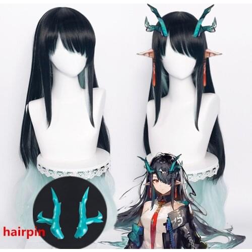 Game Arknights Dusk Cosplay Long Green Black Gradient Costume Heat Resistant Synthetic Hair Halloween Carnival Party + Wig Cap