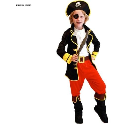 M-XXL Boys One eye Skull Pirate Cosplay Kids Children Halloween Captain Costumes Carnival Purim Stage Show Role play Party dress