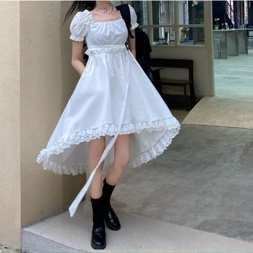 Irregular Women Summer Lace Dress Female Square Collar Korean Elegant Vintage Puff Sleeve Splice Midi Long Dress Vestidos 2021