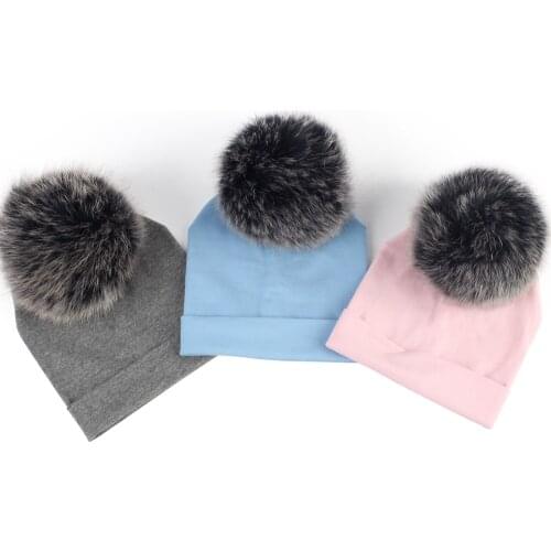 Autumn and Winter Baby Girls and Boys Beanie Hat Cotton Caps with Fox Fur Pompom Skullies Beanies Newborn Kids Plain Hats