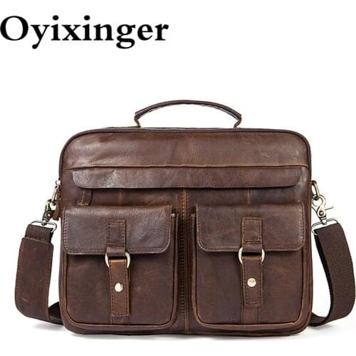 OYIXINGER Crazy Horse Cowhide Laptop Bag Male Office Handbag Mens Genuine Leather Laptop Briefcase For Bag For Document File
