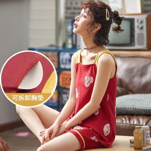 Pajamas with breast pad womens summer pure cotton thin suspender loose two piece Set Girls Sweet can wear home clothes