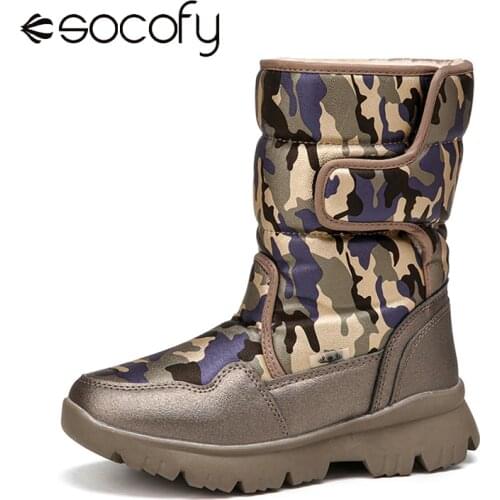 SOCOFY New Snow Boot Plush Multicolour Camo Random pattern Non Slip Warm Hook Loop Platform Mid-calf Snow Boots Warm Botas Mujer