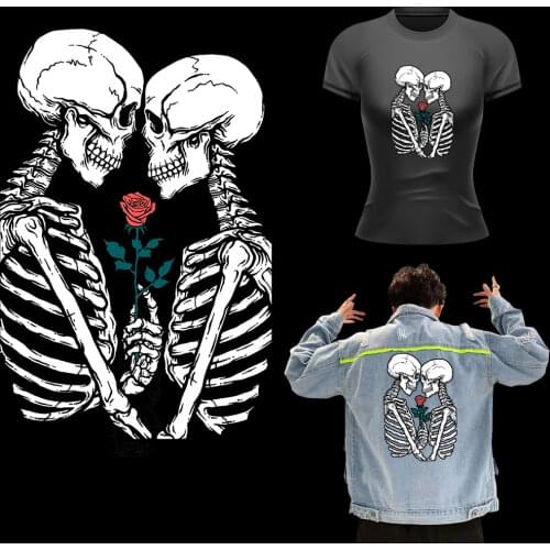 Iron-On Patches For Clothes Rose Couple Skull Cool Thermal Stickers Heat-activate Printed On Clothes Lovely T-Shirt Jacket Patch