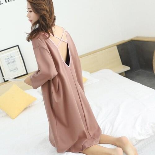 Spring 2020 Loose Plus-Size Home Wear Nightdress WomenS Mid-Length Long Sleeved Sexy Sleepwear Dress With Open Back Пижама
