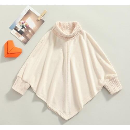 FOCUSNORM 2-7Y Autumn Fashion Kids Girls Turtleneck Coat Tops Solid Long Bat Sleeve Irregular Hem Tops Pullover Outwear