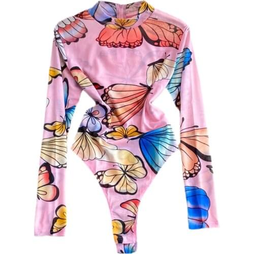 Womens Butterfly Print Bottoming Bodysuit Stand Collar Long Sleeve Slim Was Thin Tees Female Fashion Tide Tops 2021 Summer