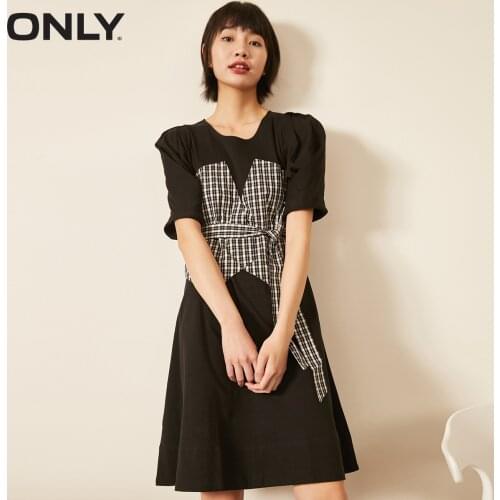 ONLY 2020 new black plaid and receiving waist A-line dress women | 120261503