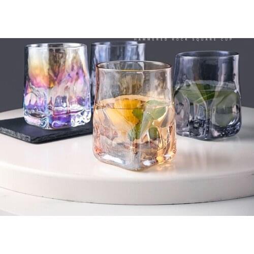 2PCS Creative Square Hammered Whiskey Glass, Heavyweight Water Glass,Water Cup, Juice Glass Wine Glass Drinking Cup Set of 2