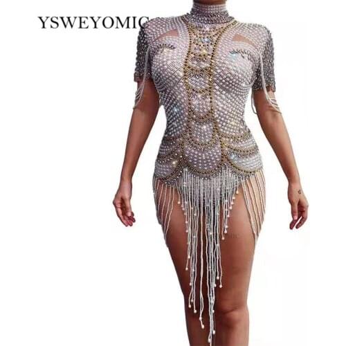 2020 Sexy Rhinestones Pearls Bodysuit Sexy Stretch Dance Leotard Costume Performance Party Celebrate Stage Show Stones outfits