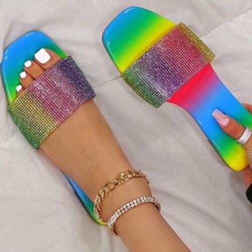 21 European and American new style square-toe colorful one-line slippers female plus size rhinestone sandals in stock