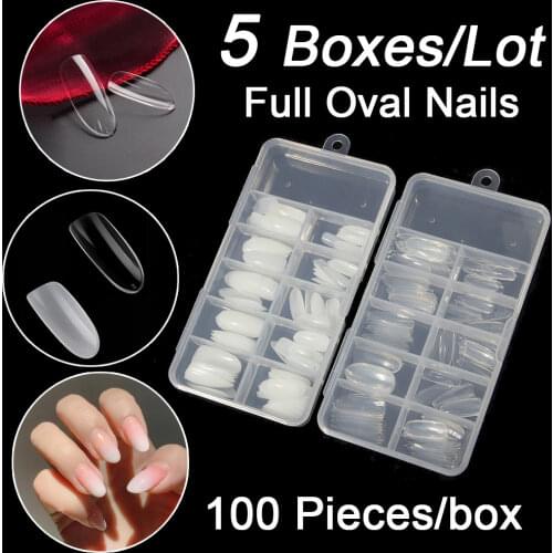 5 Boxes/Lot 100PCS/Box Acrylic Fake Nails Oval Round Shape False Nail Tips Full Cover Fake Art Tips Nails Long