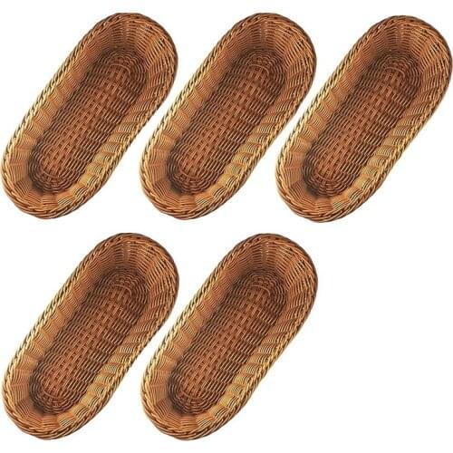 5Pcs Bread Basket For Serving Set,14.5Inch Oval Imitation Rattan Fruit Basket,Woven Stackable Tabletop Food Basket,Brown