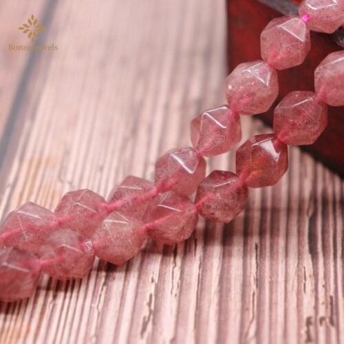 Diamonds Natural Stone Faceted Strawberry Quartz Round Star Cut Polygon Beads For Jewelry Charms Making 15"Strand 6 8 10MM