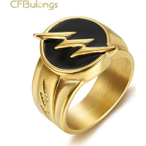 CFBulongs Cool Gold Color Reverse Lightning Mens Ring Stainless Steel Hip Hop Rock Punk Jewelry Boyfriend Gift