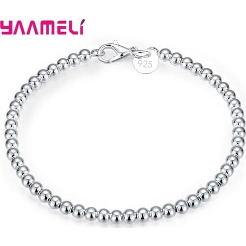 Round Beads 4mm Strand Bracelet Round Disc Charms 925 Sterling Silver 20cm Fashion Women Jewelry Statement Party Gift Clasp