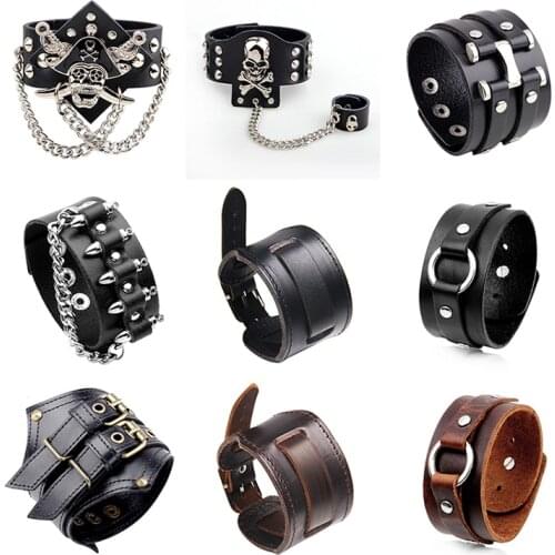 Heavy Metal Black Brown Men Leather Bracelet Rock Statement Skull Bracelets Bangles Gothic Style Personality Charm Jewelry