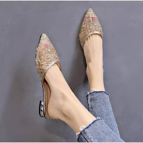 2021 New Fashion Transparent Air Mesh Pointed Toe Mules Crystal Square Heel on Lazy Casual Trendy Slides Female Shoes Women
