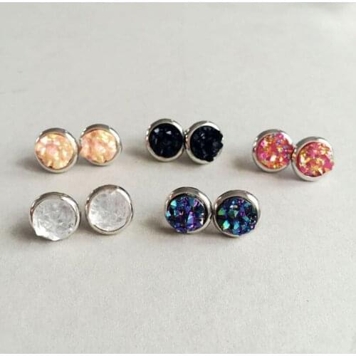 YJX030 Wholesale 5 Piar Sets Iridescent Mini Stud Earrings Small Round Square Druzy Copper Rock Stone Ear Deco Jewelry