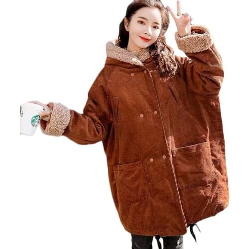 2021 Winter New Warm Down Cotton Jacket Plus Size Womens Long Lambswool Corduroy Jacket Casual Hooded Parka Overcoat Ropa Mujer