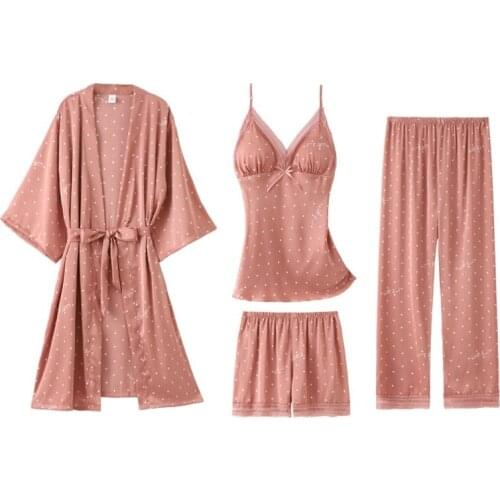 2021 Spring Summer Women Silk Pajamas Sets With Chest Pads Flower Print Pijama Sleepwear 4 Pieces Spaghetti Strap Satin Pyjamas