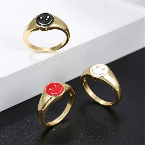 Luxury Enamel Smiling Rings Gold Color Happy Face Smile Enamel White Black Pink Smiley Rings for Women Girl Gift