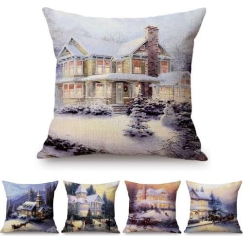 Snow Covered House Christmas Decorations Throw Pillows For Home Cotton Linen Christmas Eve Cozy House Scene Sofa Chair Cushion