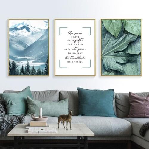 Nordic Blue Snow Mountain Landscape Decoration Painting Plant Leaves Tree Lighthouse Text Canvas Wall Picture Poster Living Room