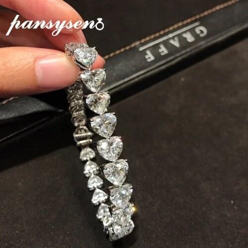 PANSYSEN 100% Real Silver 925 Charm Bracelets Simulated Moissanite Diamond Heart Desgin Handmade Christmas Gift Original Jewelry