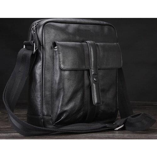 Fashion Luxury Genuine Leather Men Messenger Bag Leather Shoulder Bag Men Crossbody bag male Leisure bag Medium szie Black