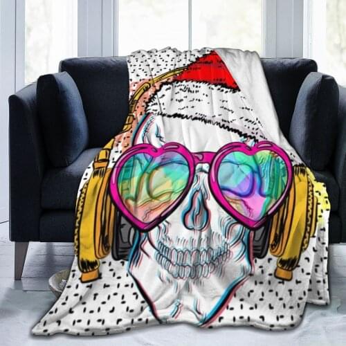 Sugar Skull Super Soft Fleece Blanket Throw Headphone Music Hip Hop Gothic Skull Fleece Music Theme Skeleton Bone Dropship Throw