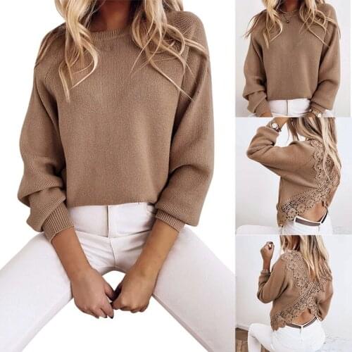 Womens Fashion Sexy Round Neck Temperament Halter Lace Long Sleeve Top Khaki